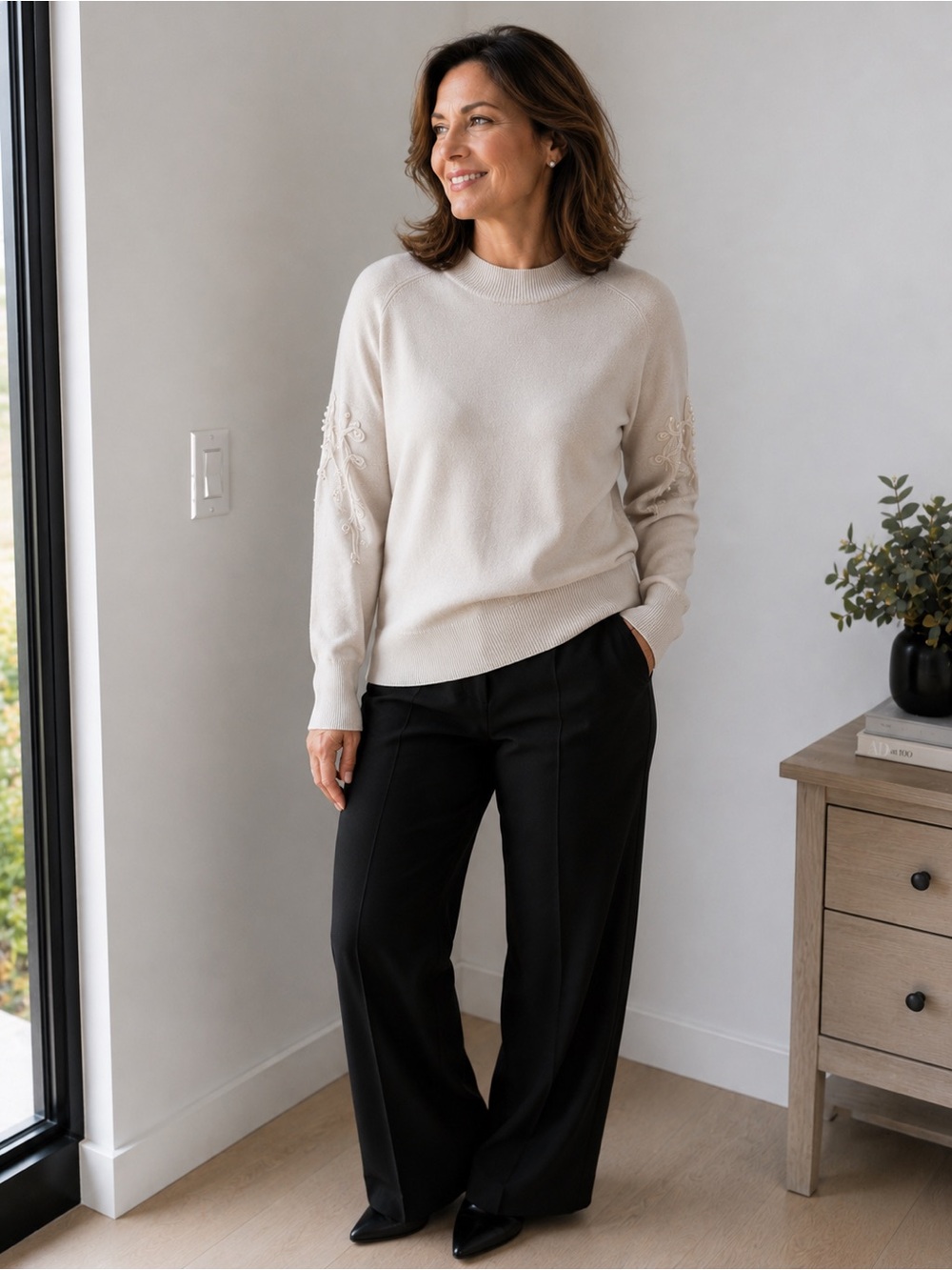 Madison Grey white Petite Embellished Pearl Sweater | Off White | NWT